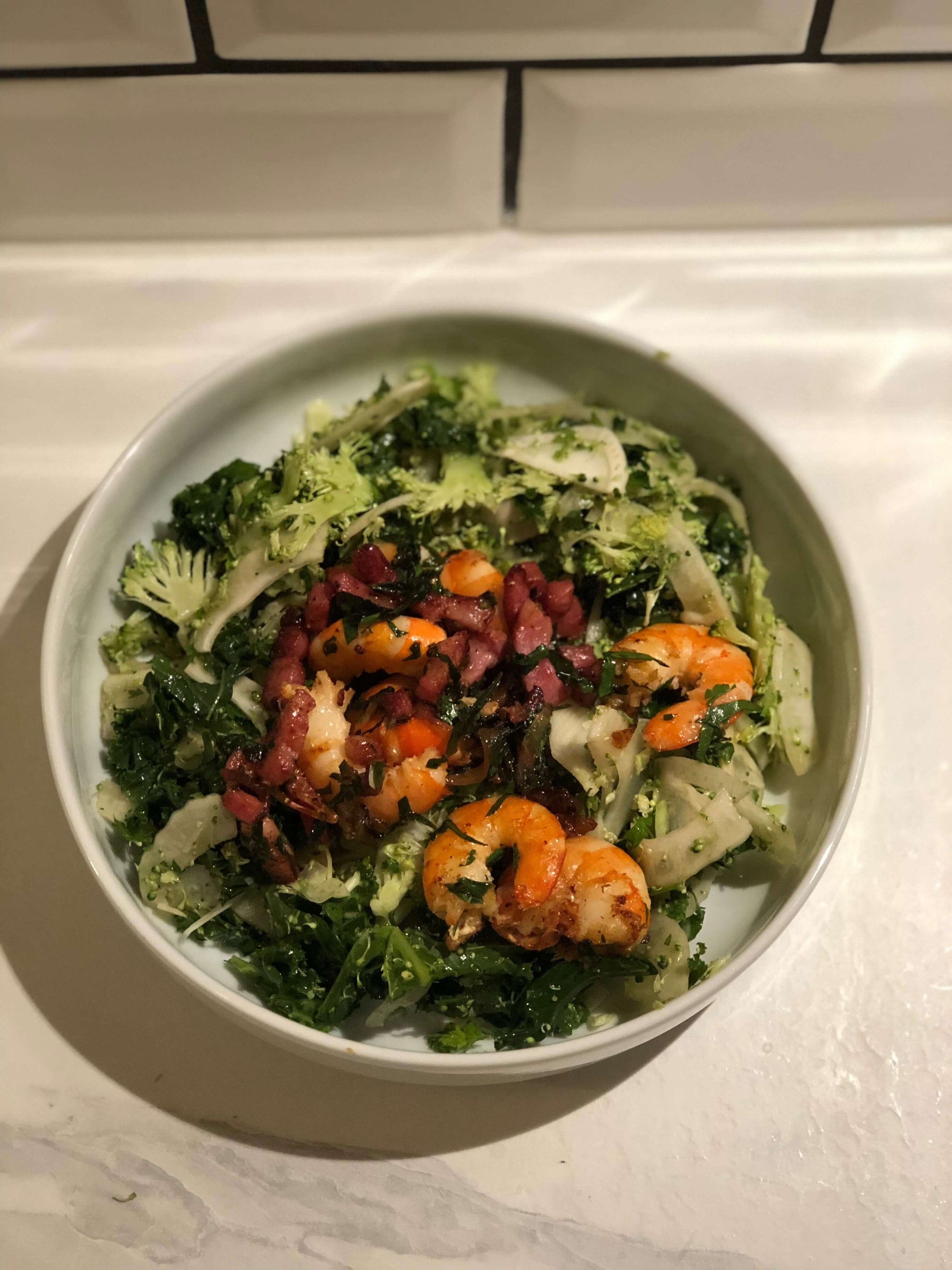 Kale and roasted shrimp salad