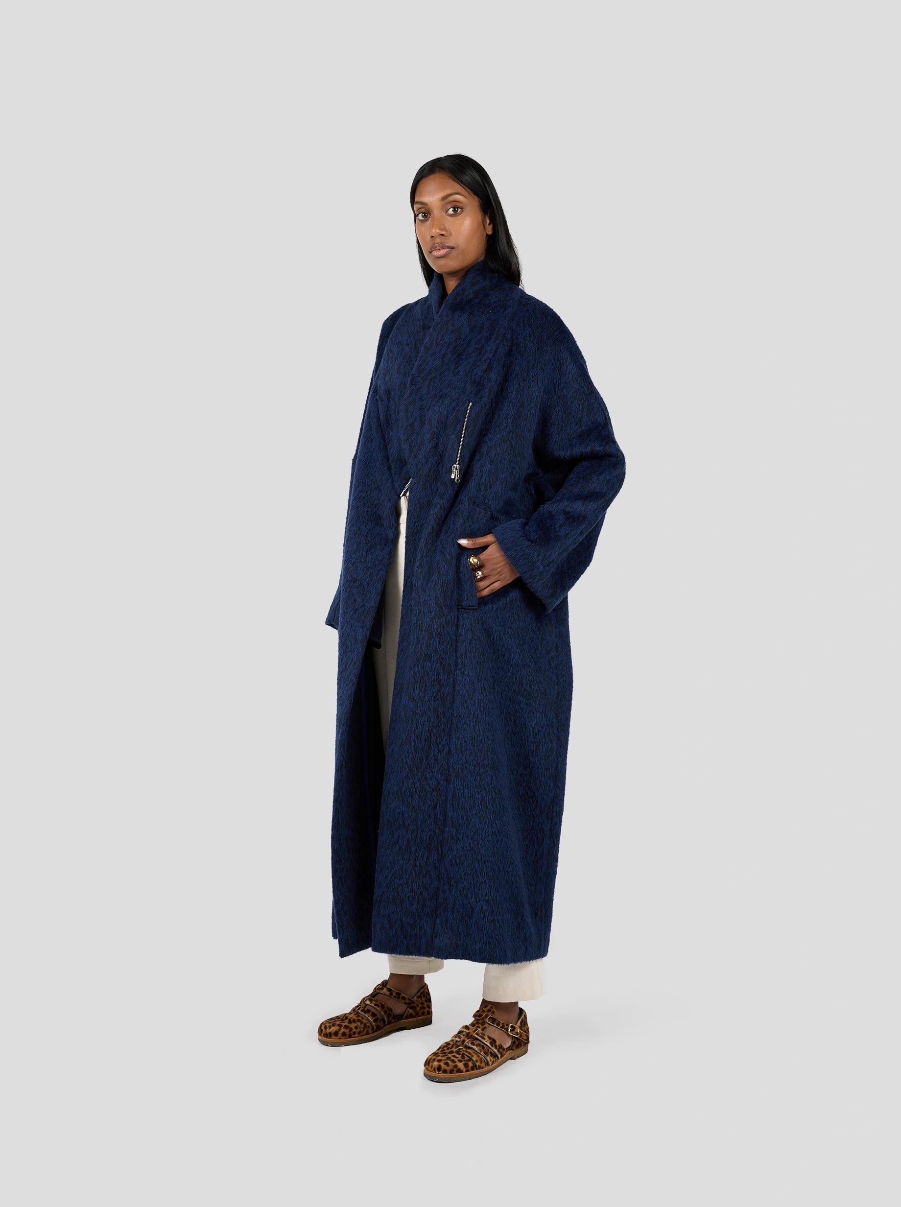 Manteau Eren en lainage léopard bleu