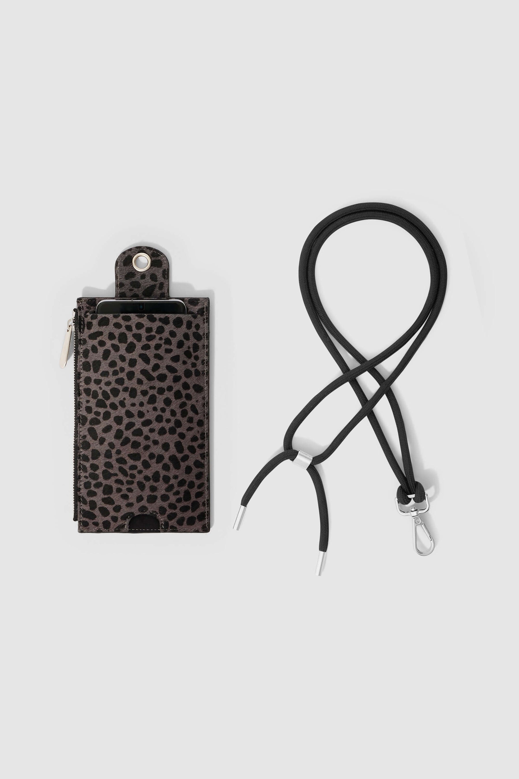 The Minis - Large neck wallet in grey Cheetah printed leather