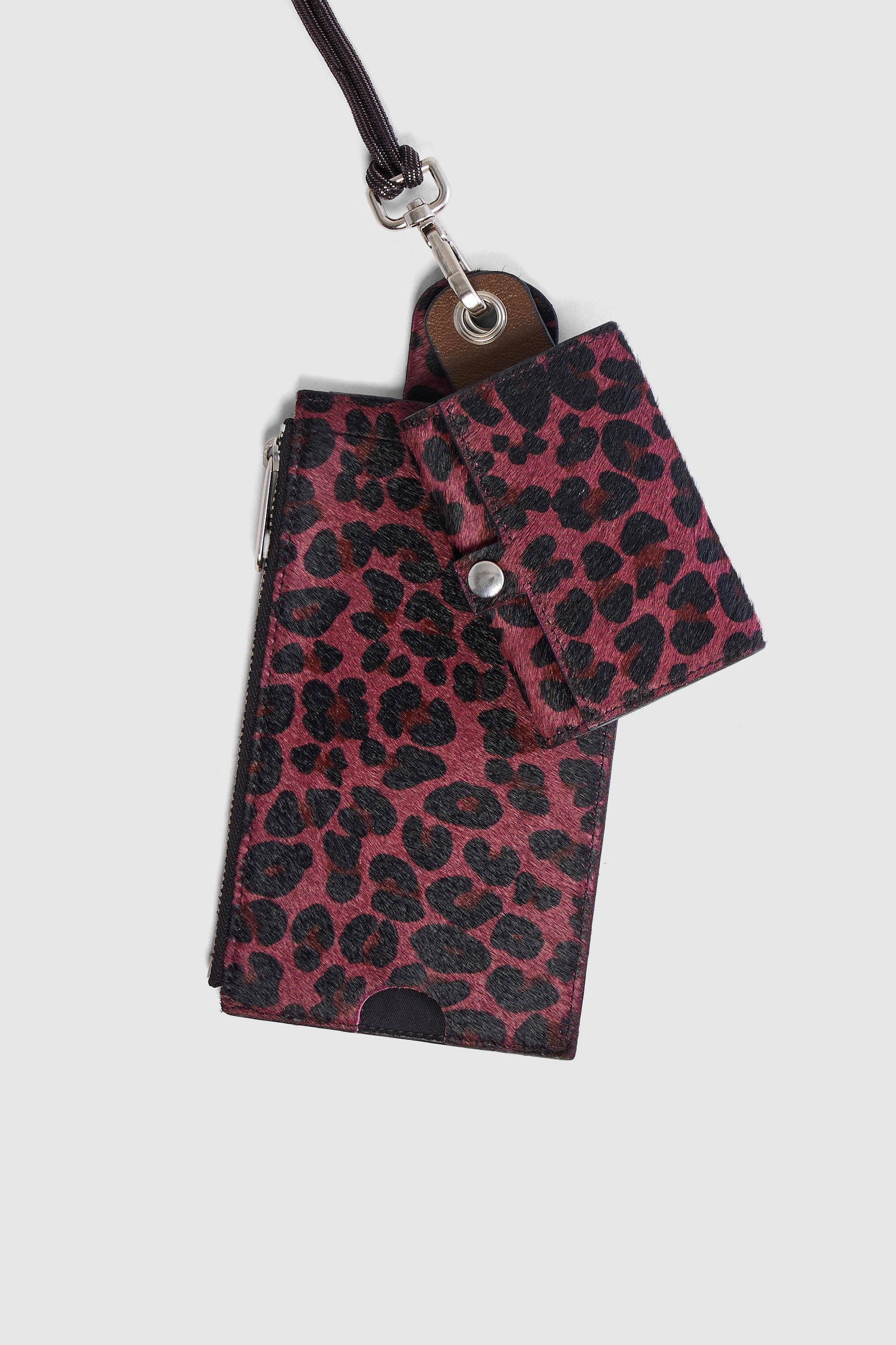 Les Minis - Large Portefeuille à cordon en cuir imprimé léopard bordeaux